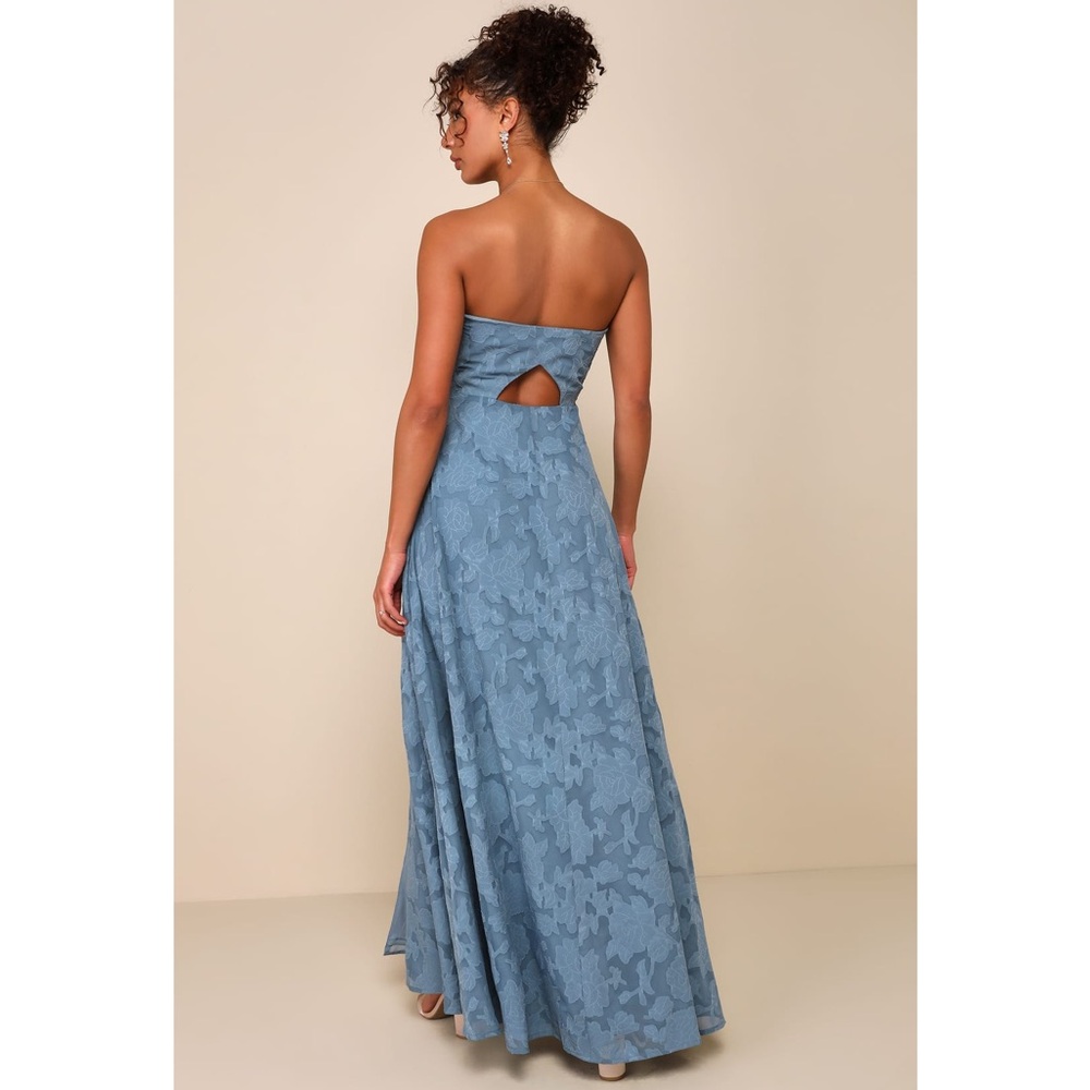 Lulus Garden Romance Dusty Blue Floral Burnout Strapless Maxi Dress NWT Large - Picture 2 of 13